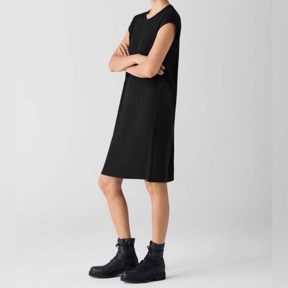 Eileen Fisher Minimalist Cap Sleeve Ribbed Midi Dress Size M Black Boxy